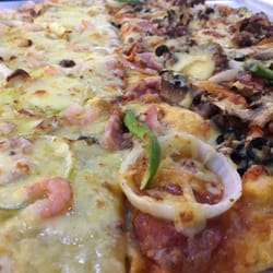 Yellow Cab Pizza - Half and half - New York and garlic/ shrimp pizza.