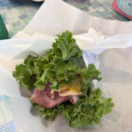 Lettuce wrapped turkey and ham sandwich Lettuce wrapped turkey and ham sandwich