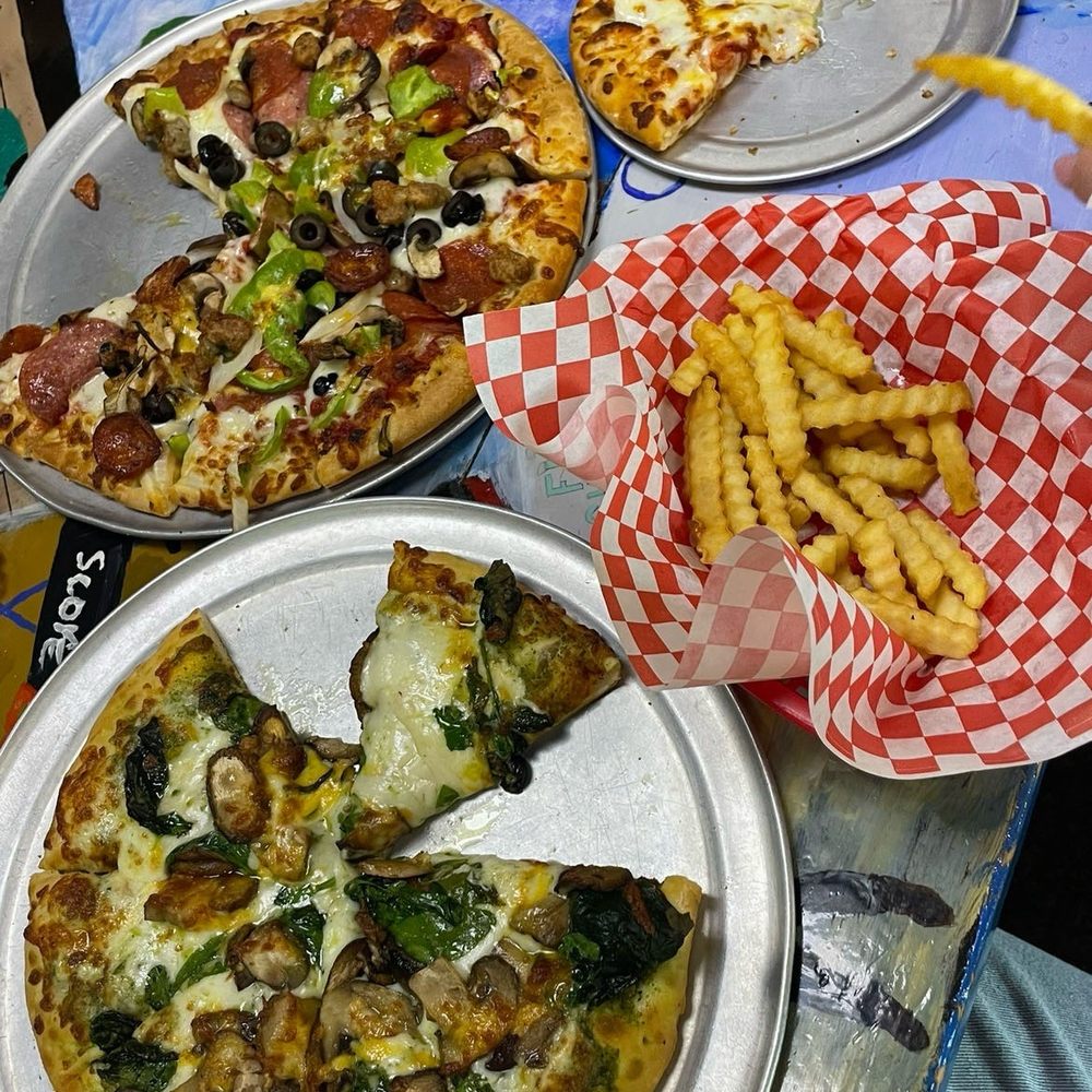Small cheese, fries, 2 medium with many different toppings.