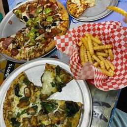 Small cheese, fries, 2 medium with many different toppings. Small cheese, fries, 2 medium with many different toppings.