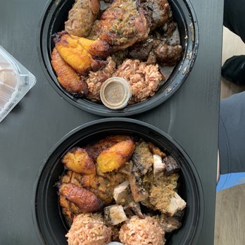 Back A Yard Caribbean Grill - Top: Jerk Chicken and Beef Oxtails Combo Bottom: Jerk Pork and Jerk Salmon Combo - Caribbean Near Me - Campbell, California Back A Yard Caribbean Grill - Top: Jerk Chicken and Beef Oxtails Combo Bottom: Jerk Pork and Jerk Salmon Combo - Caribbean Near Me - Campbell, California