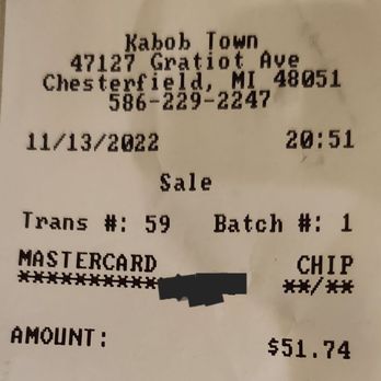 Kabob Town - Paid to much!!! Dont know why the total was different from my expected total. - Mediterranean Near Me - Chesterfield, Michigan Kabob Town - Paid to much!!! Dont know why the total was different from my expected total. - Mediterranean Near Me - Chesterfield, Michigan