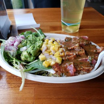 Avo Taco - Tuna Montezuma Bowl: Seared tuna, avocado, mango salsa, chopped red onion, ginger soy vinaigrette. - Cocktail Bars Near Me - New Hyde Park, New York Avo Taco - Tuna Montezuma Bowl: Seared tuna, avocado, mango salsa, chopped red onion, ginger soy vinaigrette. - Cocktail Bars Near Me - New Hyde Park, New York