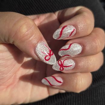 La Belle Nail Spa - Silver cat eye with red bows; Gel X - Nail Salons Near Me - Costa Mesa, California La Belle Nail Spa - Silver cat eye with red bows; Gel X - Nail Salons Near Me - Costa Mesa, California