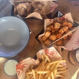 Spicy tofu, fries, and garlic popcorn chicken Spicy tofu, fries, and garlic popcorn chicken