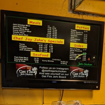 Dat Fire Jerk Chicken - Digital menu board. Be sure to check out my pictures of the chalk menu board too. - Caribbean Near Me - Atlanta, Georgia