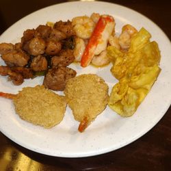Yoki Buffet - Pepper Chicken, Seafood Medley, Crab Rangoon, And Breaded Shrimp.