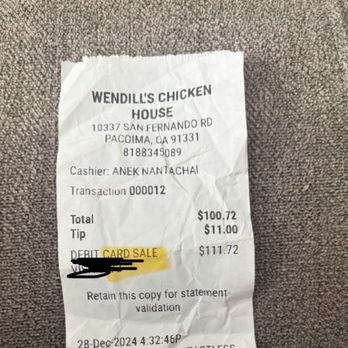 Wendill's Chicken House - Receipt - Thai Near Me - Arleta, California Wendill's Chicken House - Receipt - Thai Near Me - Arleta, California