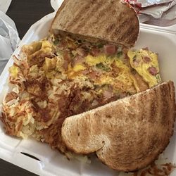 Benny's Family Dining - Western Omelette with Rye Toast and Hash Browns