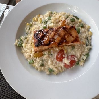 Chesca's Restaurant - Summer risotto with Thai chili glazed salmon - New American Near Me - Edgartown, Massachusetts