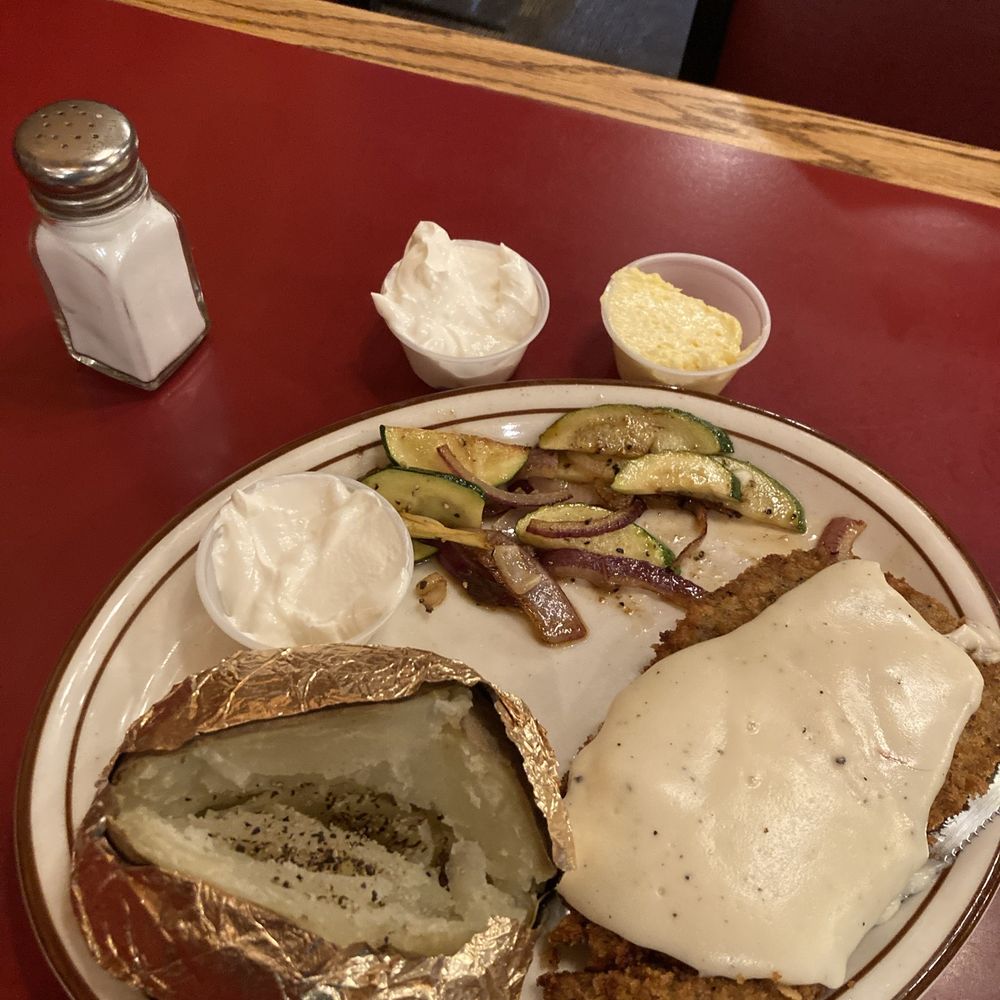 Chicken, Fried, steak, baked, potato and veggies