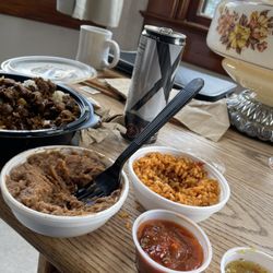 Outlaw - Beef teriyaki rice, and beans. Salsa on the side. XS energy drink, black cherry cola.