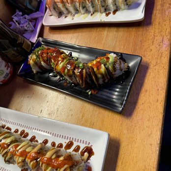 Samurai Sushi - Bottom: Kiss of Fire Roll Middle: Dragon Roll Top: Ex Taste Like My X Girlfriend Roll - Japanese Near Me - Turlock, California Samurai Sushi - Bottom: Kiss of Fire Roll Middle: Dragon Roll Top: Ex Taste Like My X Girlfriend Roll - Japanese Near Me - Turlock, California