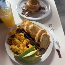 Eggs, bacon, avocado, and egg, cheese, and bacon bagel Eggs, bacon, avocado, and egg, cheese, and bacon bagel