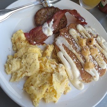 360 Brunch House - Cheesecake pancakes, scrambled eggs, sausage and bacon with peach mimosa. - Breakfast & Brunch Near Me - Mansfield, Texas 360 Brunch House - Cheesecake pancakes, scrambled eggs, sausage and bacon with peach mimosa. - Breakfast & Brunch Near Me - Mansfield, Texas