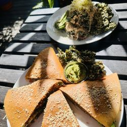 Peace Pies - Mystical Mushroom Quesadilla and kale chips