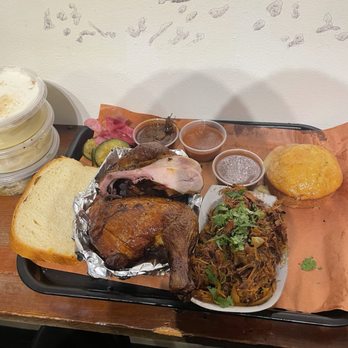 Southern Junction - Chicken, beef, cornbread, milk bread, sauces (sides were accidentally put in to-go containers so no visual) - Indian Near Me - Buffalo, New York Southern Junction - Chicken, beef, cornbread, milk bread, sauces (sides were accidentally put in to-go containers so no visual) - Indian Near Me - Buffalo, New York