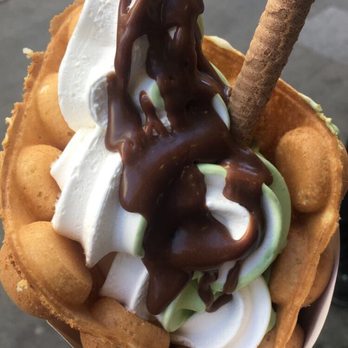 Bake - Egg waffles with mixed matcha and vanilla ice cream and Nutella on top! - Bakeries Near Me - London, XGL Bake - Egg waffles with mixed matcha and vanilla ice cream and Nutella on top! - Bakeries Near Me - London, XGL