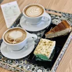 Qamaria latte, Pistachio latte, pistachio milk cake, cheesecake