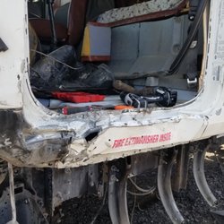 San Diego Truck Tech - Yikes! Freeway center divide collision. Damage was so extensive we had to section off a piece and look for donor truck to replace it with.