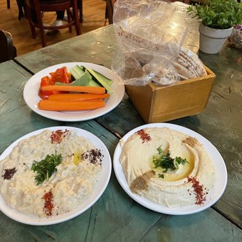 Aleppo Sweets - Baba Ganoush and Hummus with Syrian bread and vegetables - Syrian Near Me - Providence, Rhode Island
