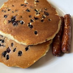 Common Cafe - Blueberry pancakes and link sausage.