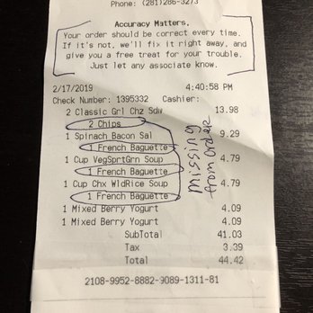 Panera Bread - Receipt shows what the sides were supposed to be but none were included with the order. - Salad Near Me - Webster, Texas Panera Bread - Receipt shows what the sides were supposed to be but none were included with the order. - Salad Near Me - Webster, Texas