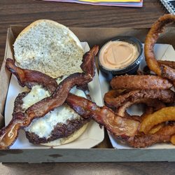 AJ's Hot Dog Stand - Grilled bacon Swiss burger with onion rings and special sauce. Very fresh and tasty.