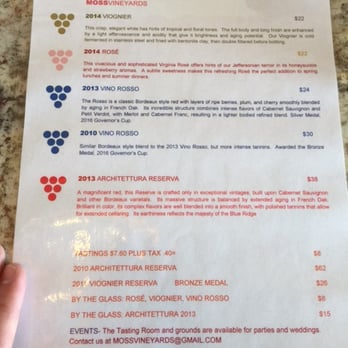 Moss Vineyards - Current menu of tastings in March!!! 2013's are really good and the Rose is delicious. #Moss - Wineries Near Me - Nortonsville, Virginia Moss Vineyards - Current menu of tastings in March!!! 2013's are really good and the Rose is delicious. #Moss - Wineries Near Me - Nortonsville, Virginia