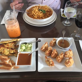 Silver Tray - Chicken satay, crab delight, and pork kao soi. - Thai Near Me - Seattle, Washington