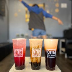 One Milk Tea - Sacramento - (Left) Strawberry Fizz with boba, Brown Sugar Black Milk Tea with double boba, Thai Milk Tea.