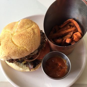 Naïve - Kale Shroom Burger with Sweet Potato Fries and Curry Tomato Sauce. - New American Near Me - Louisville, Kentucky Naïve - Kale Shroom Burger with Sweet Potato Fries and Curry Tomato Sauce. - New American Near Me - Louisville, Kentucky