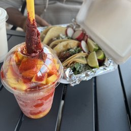 Tacos and mangonada drink.