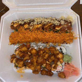 Midami Sushi - Front to back: Popcorn Lobster roll, Bryan roll, Spicy Dream roll - Sushi Bars Near Me - Farmington Hills, Michigan