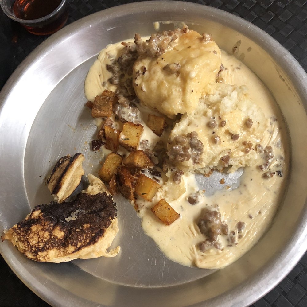 Cherry Street Cafe - Half a silver dollar pancake and biscuits and gravy with potatoes - New American Near Me - Lebanon, Ohio Cherry Street Cafe - Half a silver dollar pancake and biscuits and gravy with potatoes - New American Near Me - Lebanon, Ohio