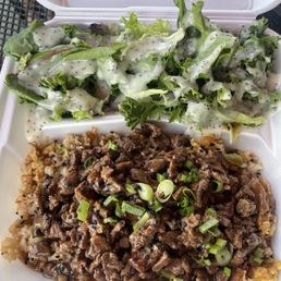 Beef with fried rice and salad Beef with fried rice and salad