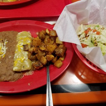 Fuzzy's Taco Shop - Combo Plate with Chicken Enchilada, Chicken Taco, Latin Fried Potatoes, and Refried Beans - Breakfast & Brunch Near Me - Stillwater, Oklahoma Fuzzy's Taco Shop - Combo Plate with Chicken Enchilada, Chicken Taco, Latin Fried Potatoes, and Refried Beans - Breakfast & Brunch Near Me - Stillwater, Oklahoma