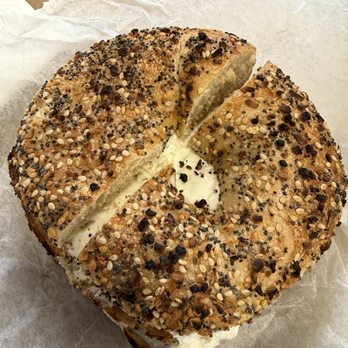 Rego Bagels - everything bagel toasted with olive cream cheese - Bagels Near Me - Rego Park, New York Rego Bagels - everything bagel toasted with olive cream cheese - Bagels Near Me - Rego Park, New York