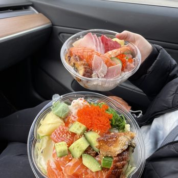 Donburi Station - Seattle - Top: Chirashi bowl for $16 Bottom: Salmon poke bowl with added unagi for $13 plus $2 for the unagi - Japanese Near Me - Seattle, Washington