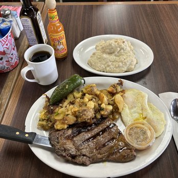 Rodeo Cafe - Ribeye Steak & Eggs with Rodeo Potato's and Biscuit & Gravy. - Breakfast & Brunch Near Me - Rialto, California Rodeo Cafe - Ribeye Steak & Eggs with Rodeo Potato's and Biscuit & Gravy. - Breakfast & Brunch Near Me - Rialto, California