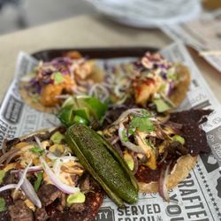 El Sazon Tacos & More - Taco el chingon : grilled chihuahua cheese, grilled steak, grilled onions, salsa avocado jalapeño, ranchera salsa and Eagan secret sauce.