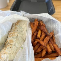 Biddy's - Chicken salad wrap with sweet potato fries