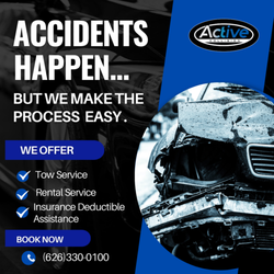 "Need collision repair? We tow, provide rentals & offer deductible discounts!  Call Active Collision!"