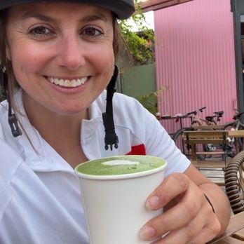 Just What I Kneaded - Matcha Latte Hot, me, and my bike helmet :) - Vegan Near Me - Los Angeles, California Just What I Kneaded - Matcha Latte Hot, me, and my bike helmet :) - Vegan Near Me - Los Angeles, California