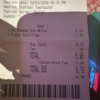 El Tapatio - receipt with Convenience fee. - Mexican Near Me - Ardmore, Oklahoma