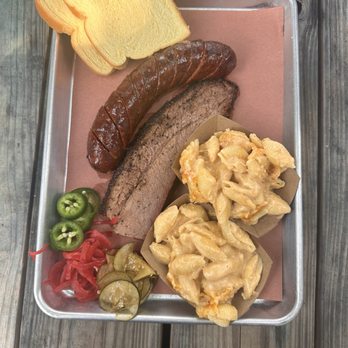 Bar A BBQ - Sausage and brisket with Mac and cheese - Barbeque Near Me - Montgomery, Texas