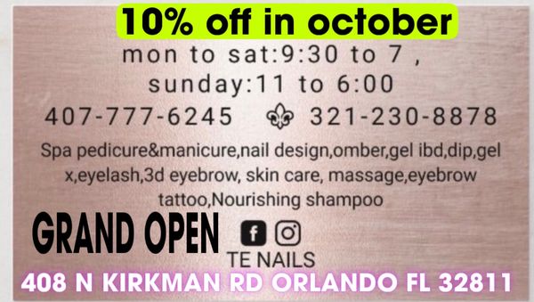 Mani and Pedi Specials - Treat yourself to the ultimate pampering experience! For a limited time, enjoy our Manicure & Pedicure Special at Te Nails.
💖 Special Includes:
Relaxing soak and exfoliation
Nail shaping and cuticle care
Your choice of polish or gel finish
Massage for hands and feet
Complimentary refreshments! Mani and Pedi Specials - Treat yourself to the ultimate pampering experience! For a limited time, enjoy our Manicure & Pedicure Special at Te Nails.
💖 Special Includes:
Relaxing soak and exfoliation
Nail shaping and cuticle care
Your choice of polish or gel finish
Massage for hands and feet
Complimentary refreshments!