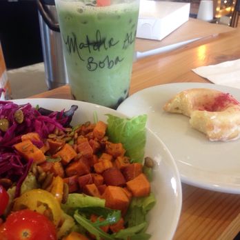 River Maiden - Iced Almond Milk Match Tea Latte with Boba, Sunrise Salad, Lemon Mochi Donut. - Coffee & Tea Near Me - Vancouver, Washington River Maiden - Iced Almond Milk Match Tea Latte with Boba, Sunrise Salad, Lemon Mochi Donut. - Coffee & Tea Near Me - Vancouver, Washington