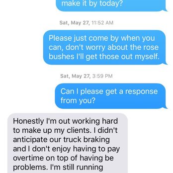 Wildwood Landscapes - Text message thread that shows Jacob from Wildwood Landscapes in completely unprofessional and crooked. - Tree Services Near Me - Yucaipa, California