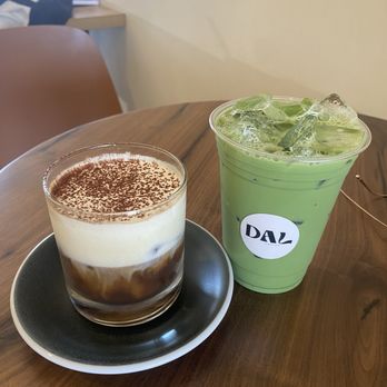 DAL Coffee - iced matcha latte w/ vanilla sweetener, black & white - Coffee & Tea Near Me - Buena Park, California DAL Coffee - iced matcha latte w/ vanilla sweetener, black & white - Coffee & Tea Near Me - Buena Park, California